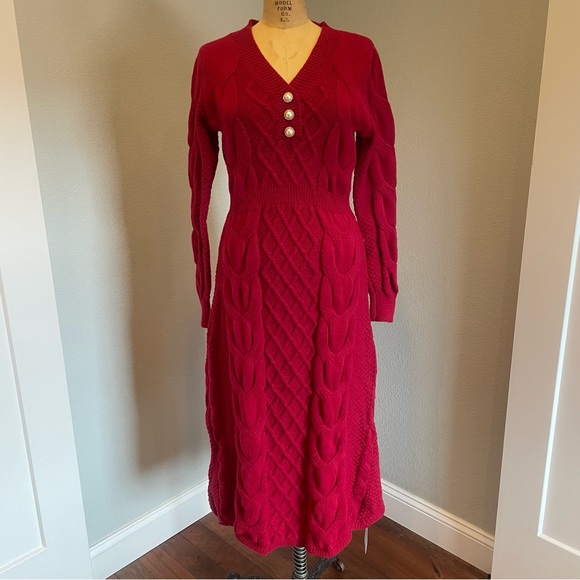 SHEIN- NWT M Maroon Knit V-Neck Long Knitted Sweater Dress - Picture 1 of 9